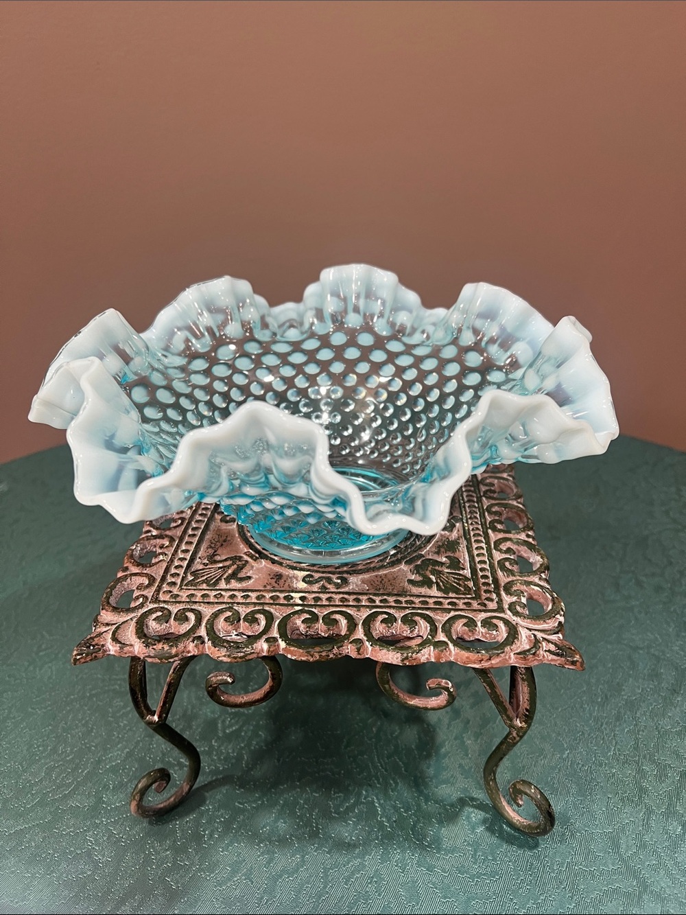 Fenton blue opalescent hobnail ruffled bowl